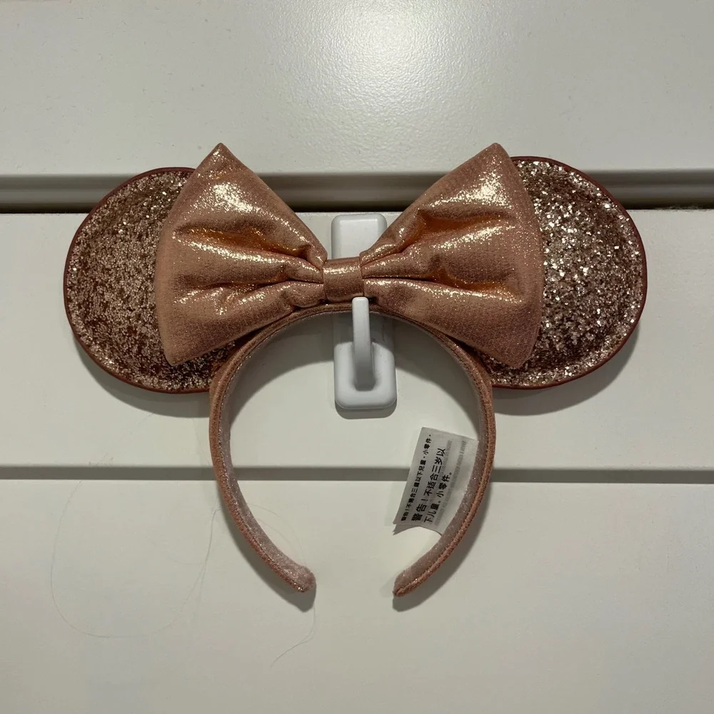 Disney Parks Minnie Mouse Rose Gold Sequin Glitter Ears Headband Metallic Bow